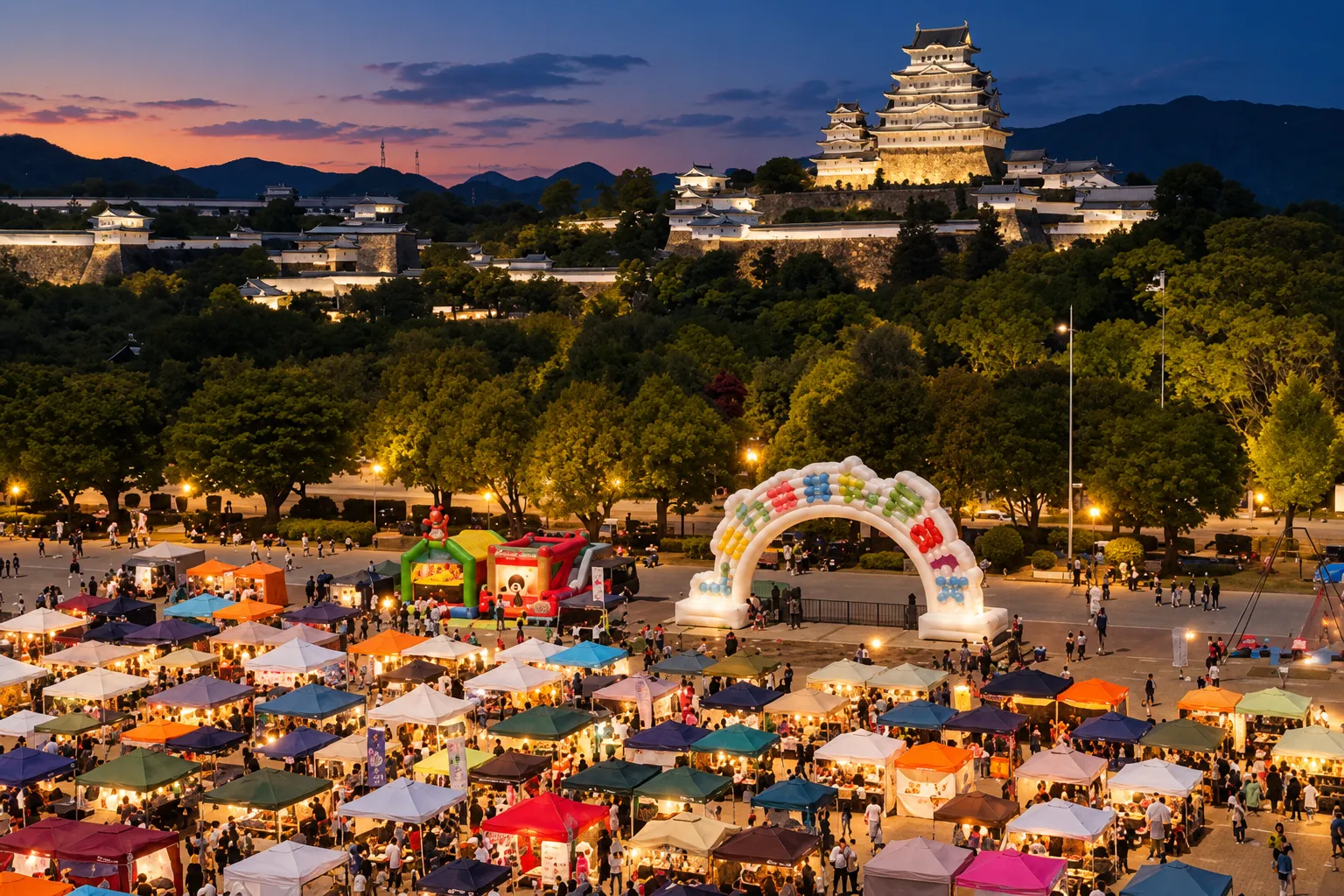 姫路城を望む大手前公園に並ぶ夜市の屋台